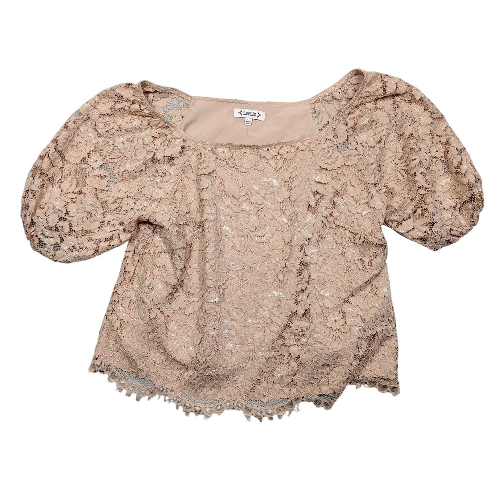 Nanette Lepore Lace Blouse Women Large Blush Pink Puff Sleeve Floral Nylon Rayon
